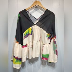 Rose and Grey Tiered Babydoll Blouse  Abstract Print Boho Bell Sleeves Medium